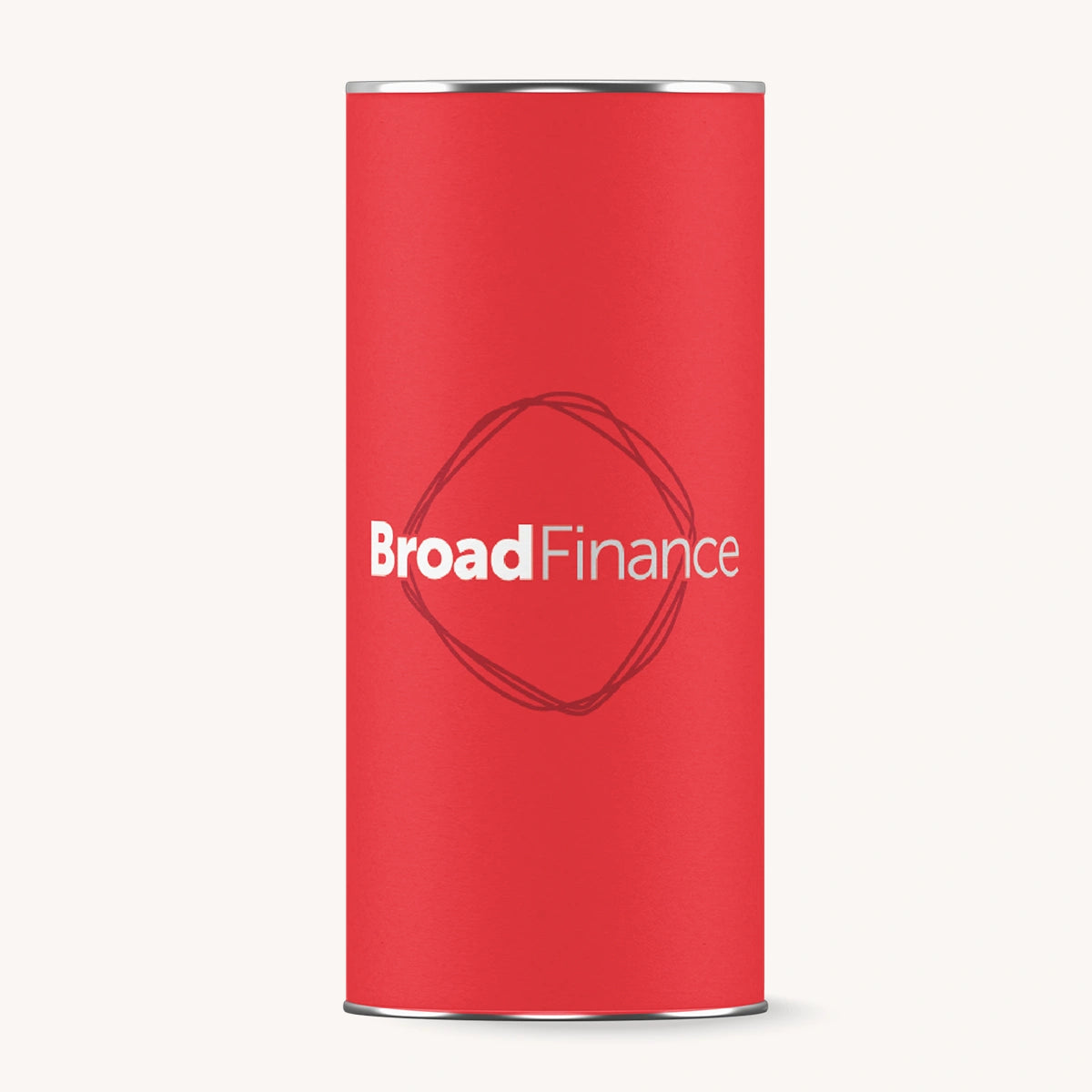 Red cylindrical container with 'Broad Finance' logo on a white background