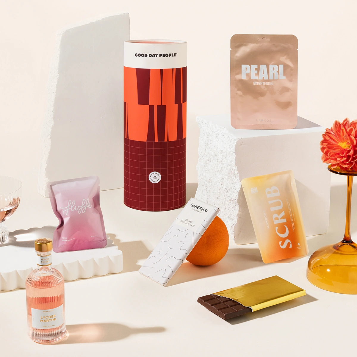 Jittery Jess Gift Hamper with pamper treats, a cocktail, chocolate and fancy fairy floss.