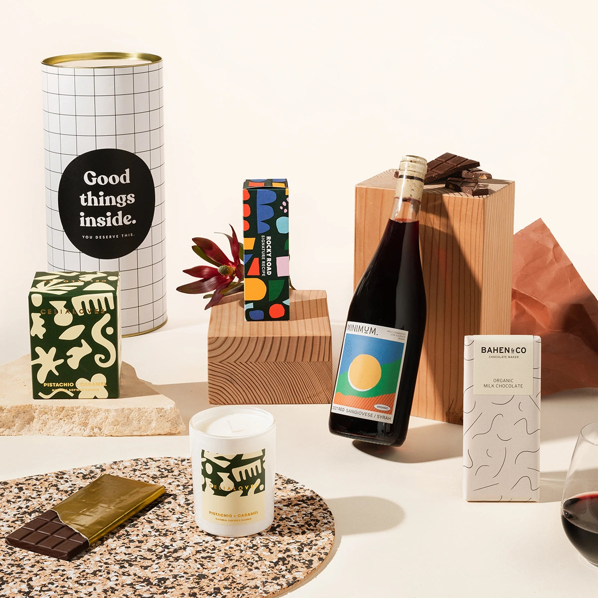 Joyous Jordan Gift Hamper with wine, a candle, chocolate and rocky road