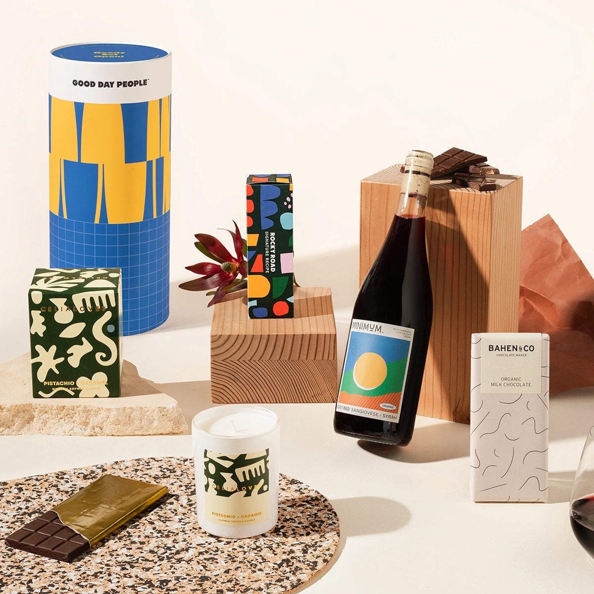 Joyous Jordan Gift Hamper with wine, a candle, chocolate and rocky road