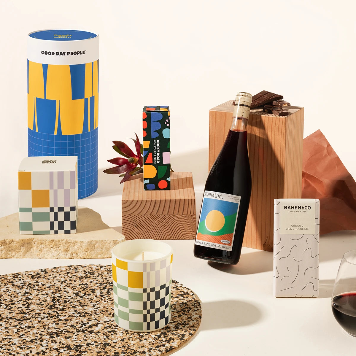Joyous Jordan Gift Hamper with wine, a candle, chocolate and rocky road