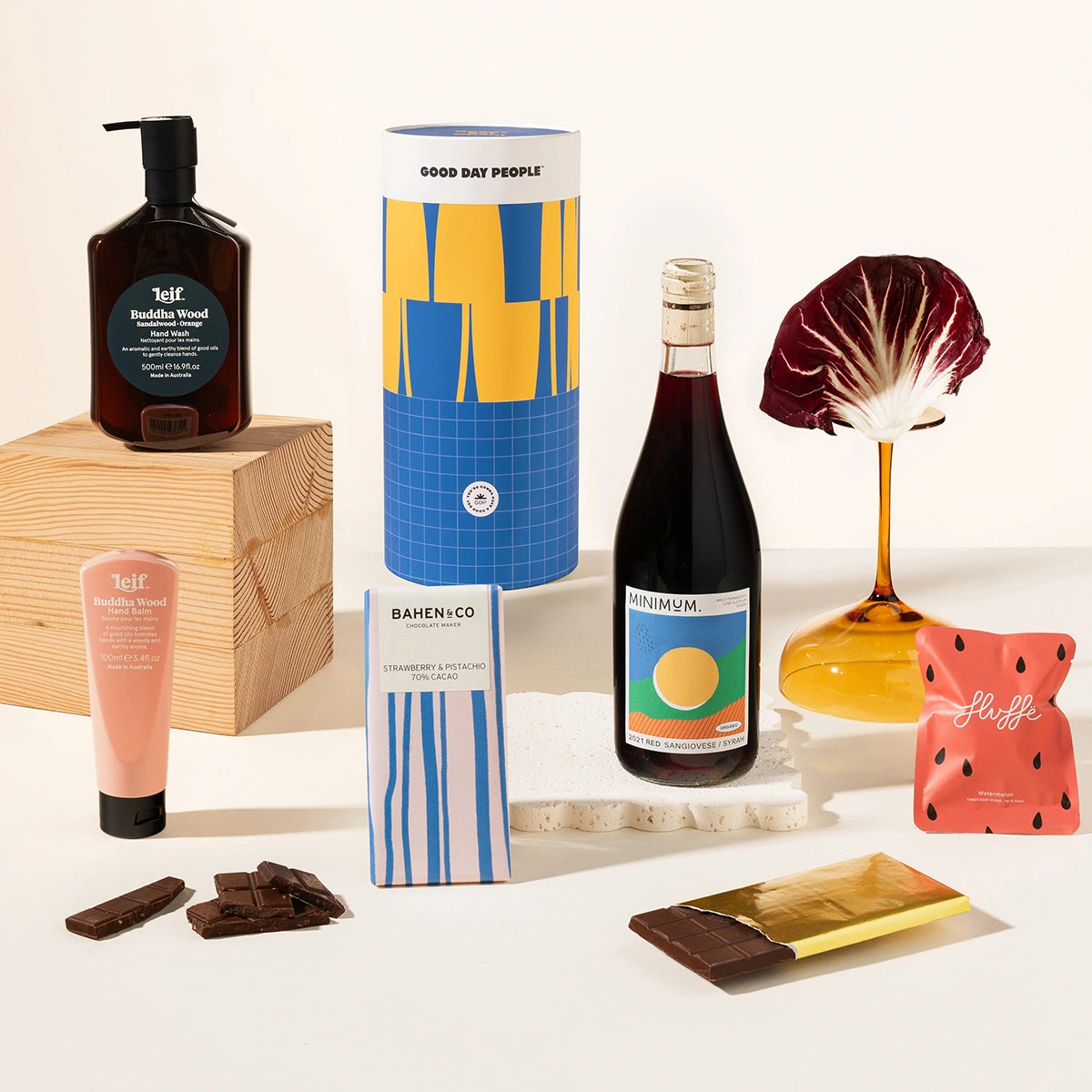 Pamper hamper with Leif body wash, Leif body lotion, organic chocolate, fancy fairy floss and wine of your choosing. Packaged in a fun, trendy, design-forward canister