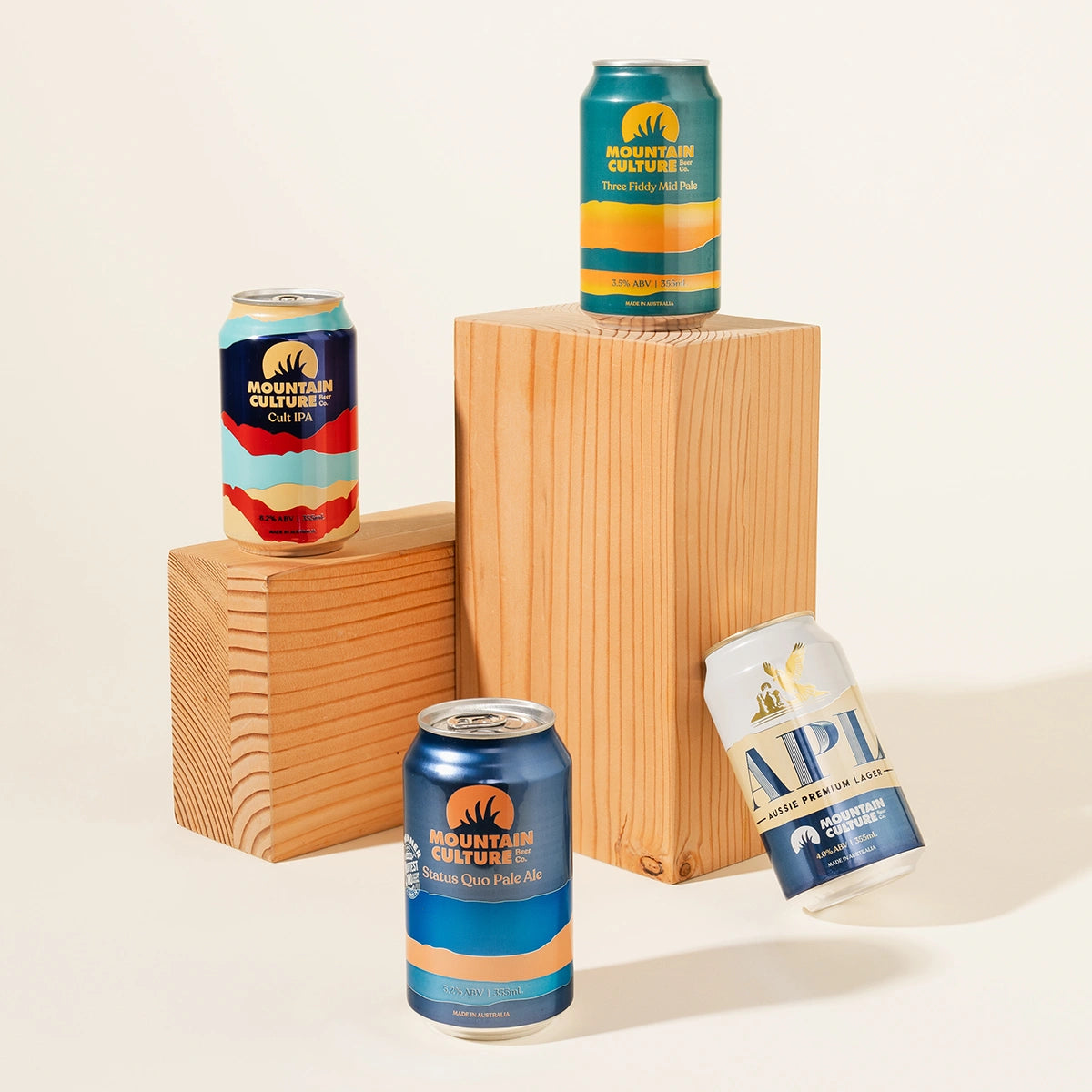 Four cans of Mountain Culture beer - three fiddy, cult IPA, Status quo pale ale & Aussie premium lager