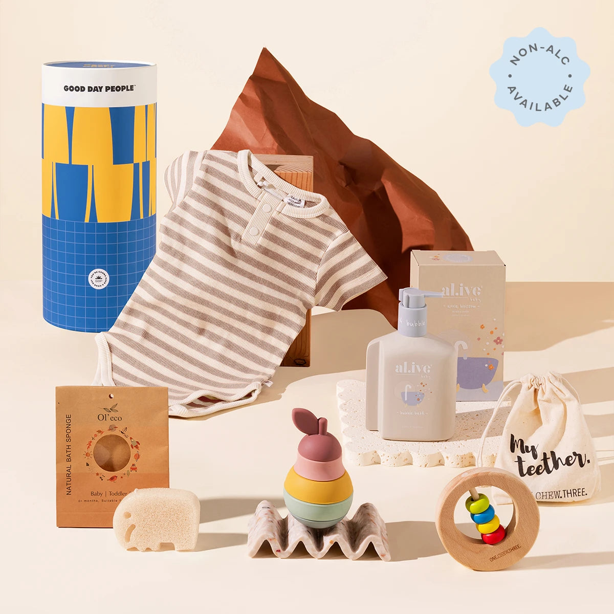 Nurturing Noah baby hamper. With a bodysuit, baby bubble bath, konjac sponge, toy and teether.