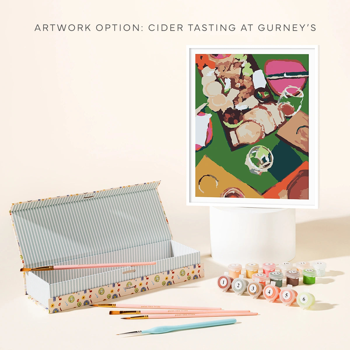 Paint Like Frida paint by numbers kit. Artwork option: Cider tasting at gurney's