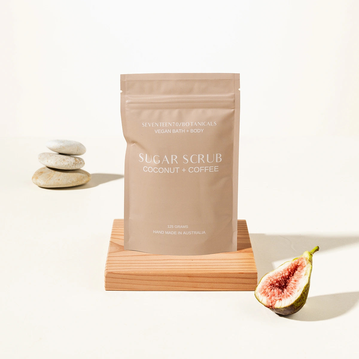 Bag of sugar scrub with coconut and coffee scent