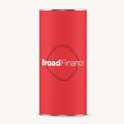 Red cylindrical container with 'Broad Finance' logo on a white background