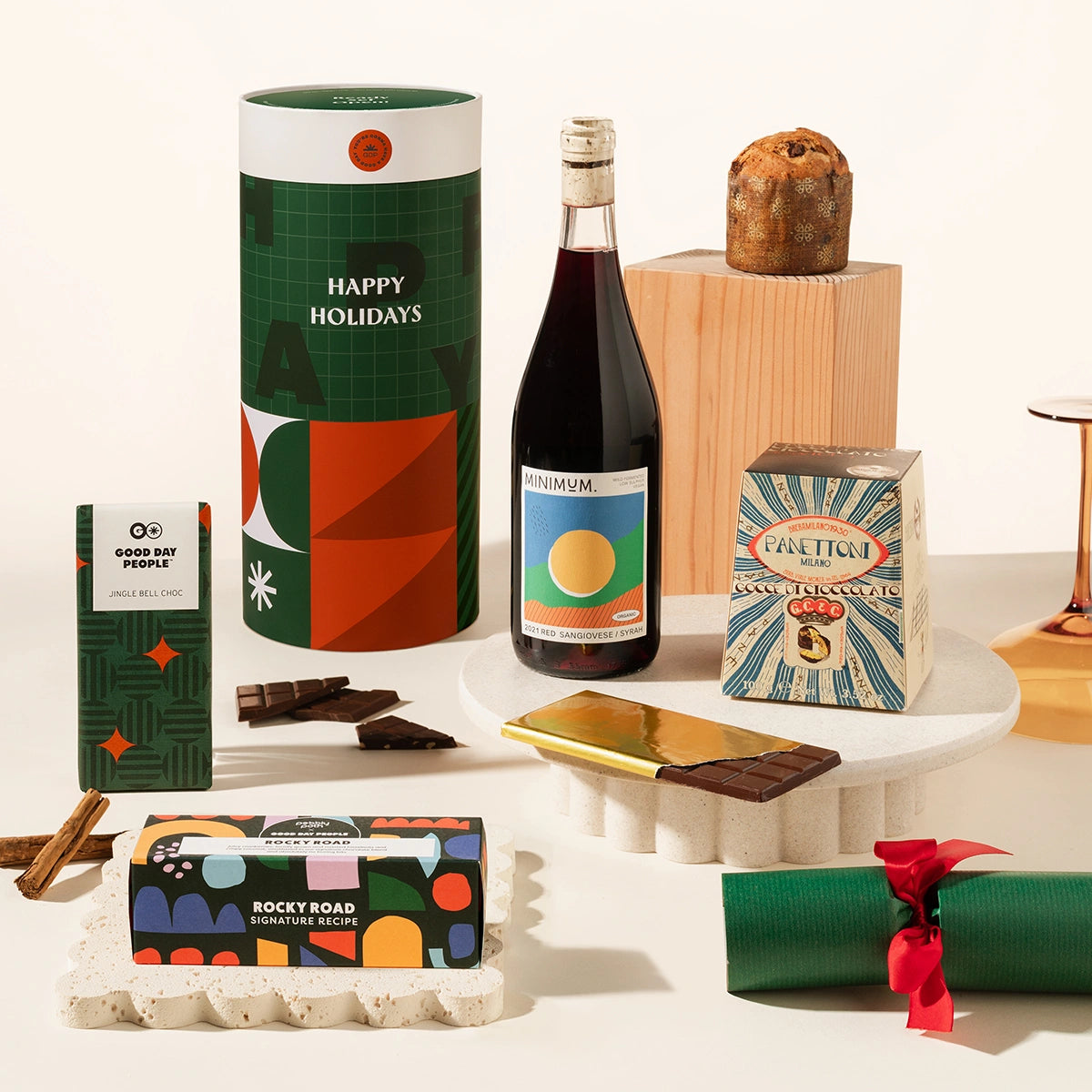 Gourmet Christmas gift hamper with chocolate, wine, panettone, rocky road