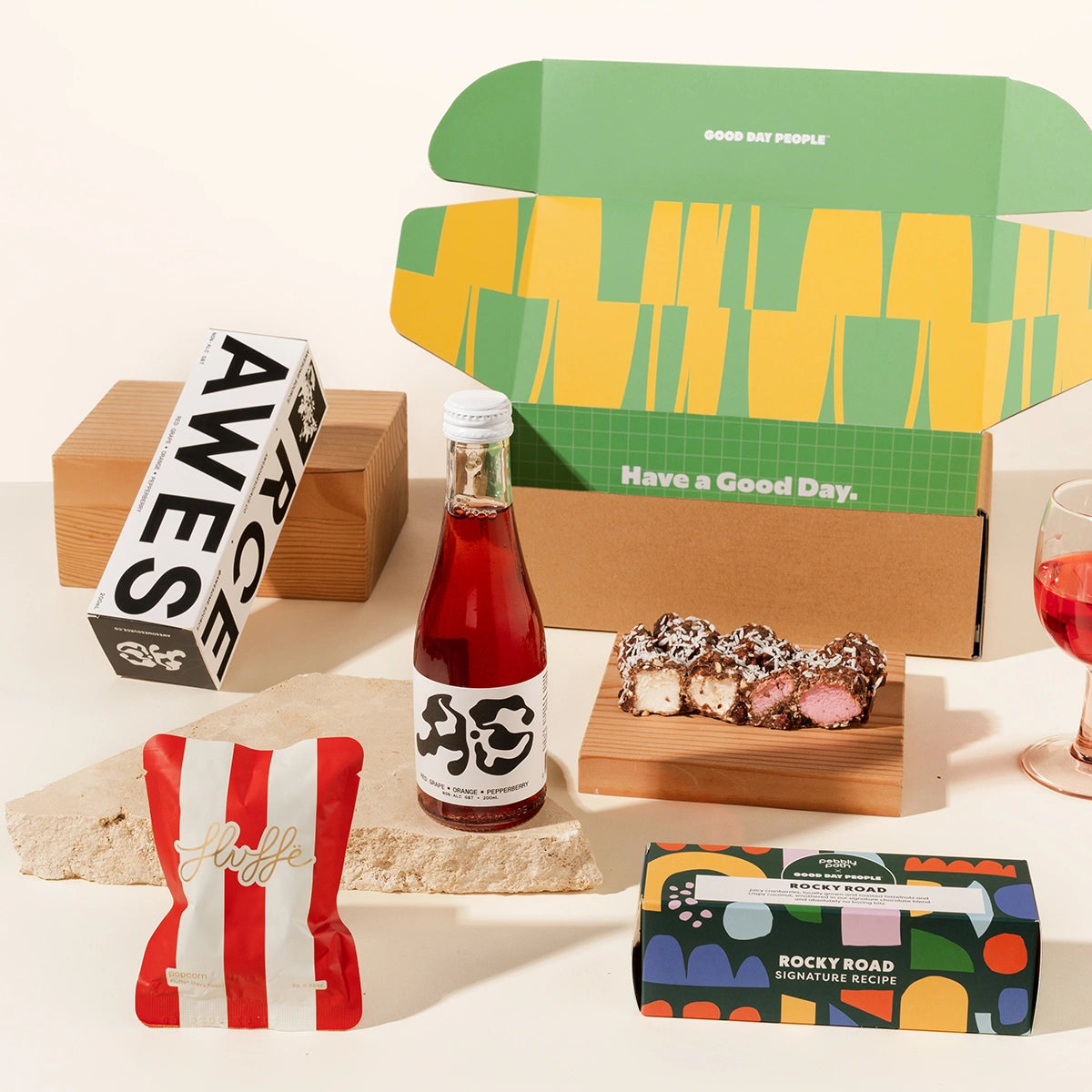 Fancy Nancy gift box with a non-alcoholic drink, fairy floss and artisanal rocky road. 