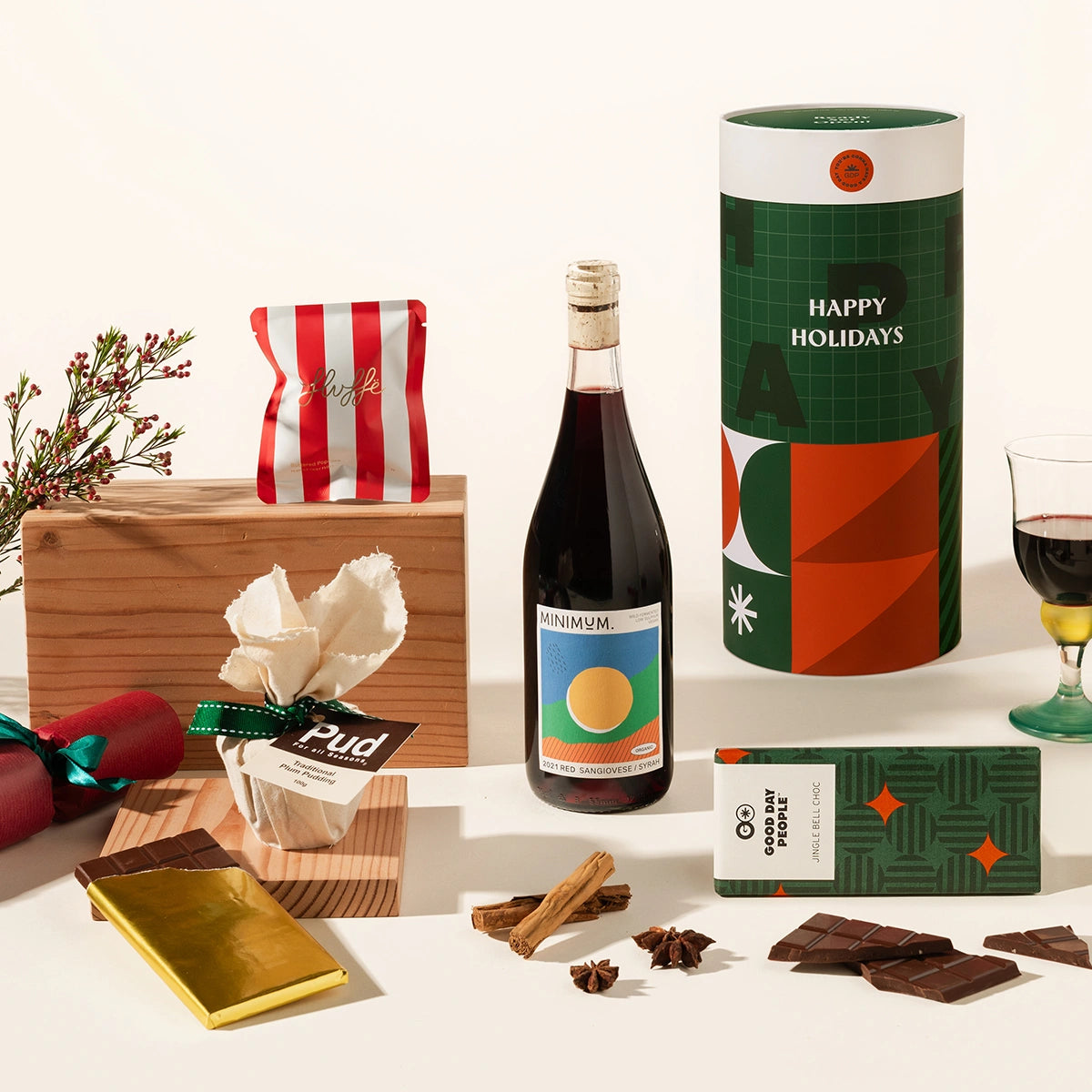 Gourmet Christmas gift hamper with wine, chocolate, Christmas pudding and fairy floss