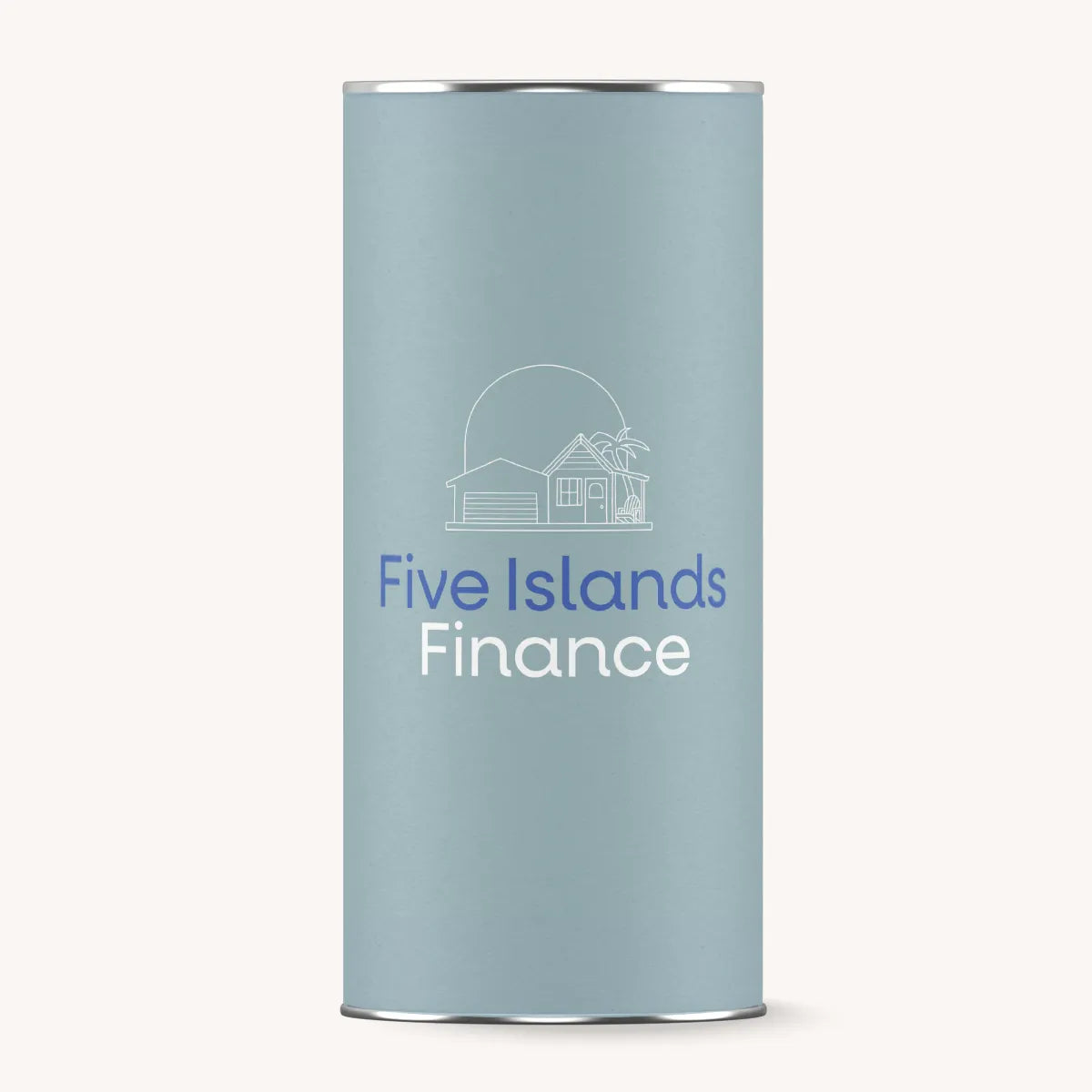 Light blue cylindrical container with 'Five Islands Finance' logo on a white background