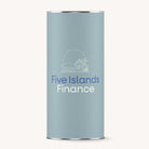 Light blue cylindrical container with 'Five Islands Finance' logo on a white background