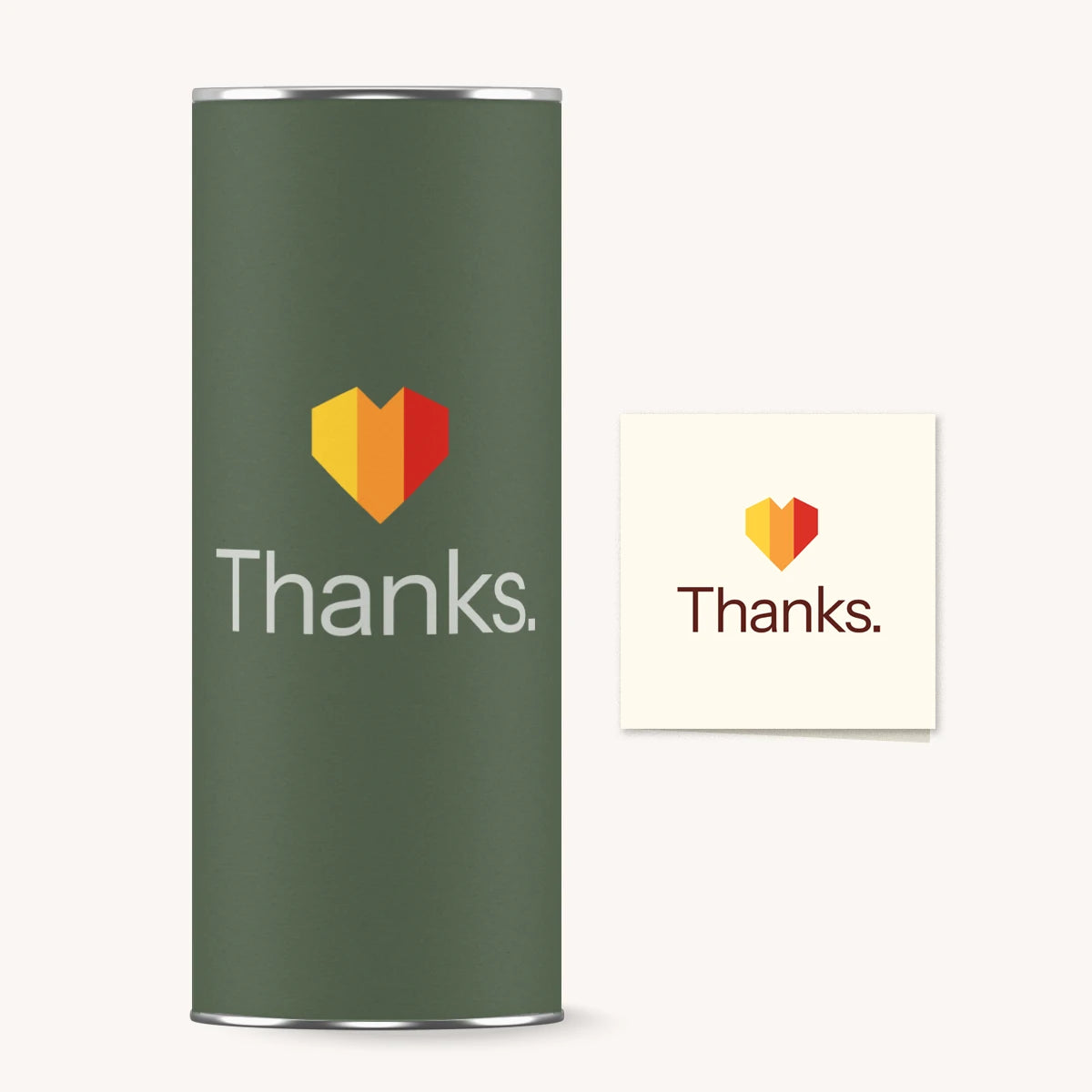 Green cylindrical container with 'Thanks.' and a heart logo on a white background