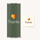 Green cylindrical container with 'Thanks.' and a heart logo on a white background