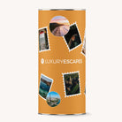 Canister with 'Luxury Escapes' branding and scenic images on an orange background