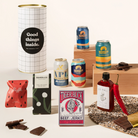 Craft beer hamper with 4 cans of Mountain Culture beer, tiger buck beef jerky, Old Bones chilli oil, organic chocolate and fairy floss. Packaged in a designed canister. 