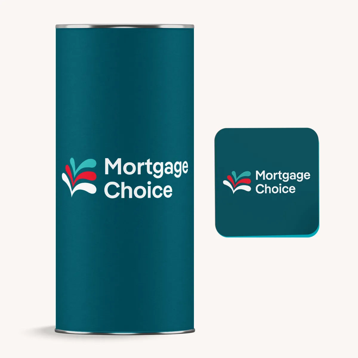 Teal cylindrical container with Mortgage Choice logo on a white background