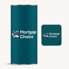 Teal cylindrical container with Mortgage Choice logo on a white background