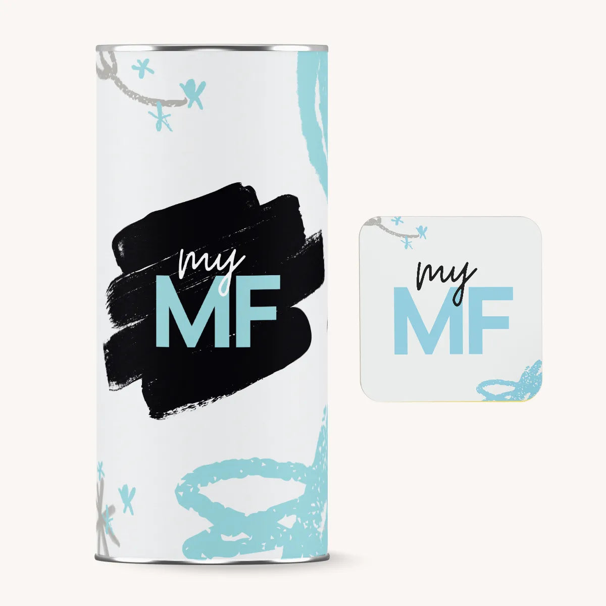 'my MF' branded cylindrical container and card on a white background