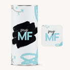 'my MF' branded cylindrical container and card on a white background