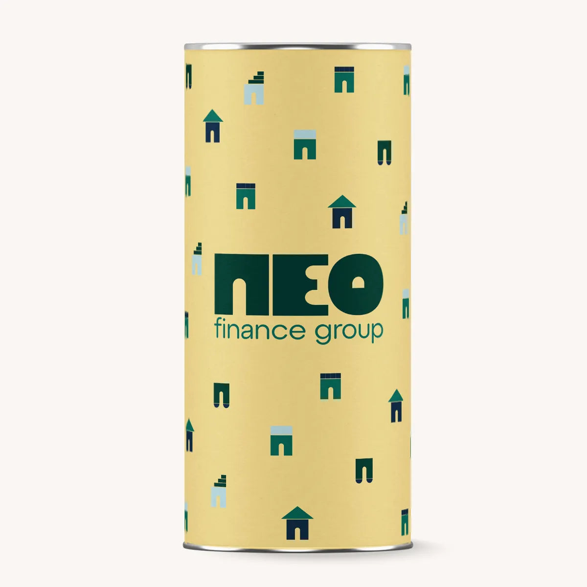Cylindrical container with 'neo finance group' branding on a yellow background with house patterns.