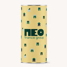 Cylindrical container with 'neo finance group' branding on a yellow background with house patterns.