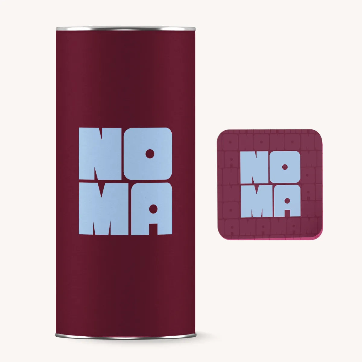 Maroon cylindrical container with 'NOMA' text on a white background