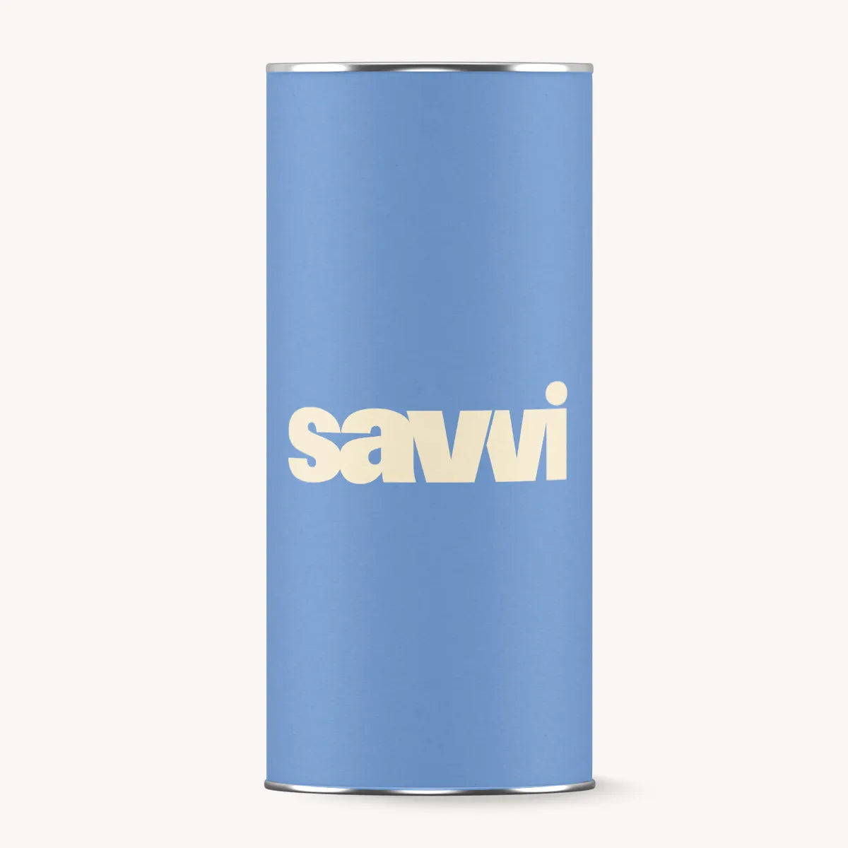 Blue cylindrical container with 'savvi' branding on a white background