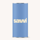 Blue cylindrical container with 'savvi' branding on a white background