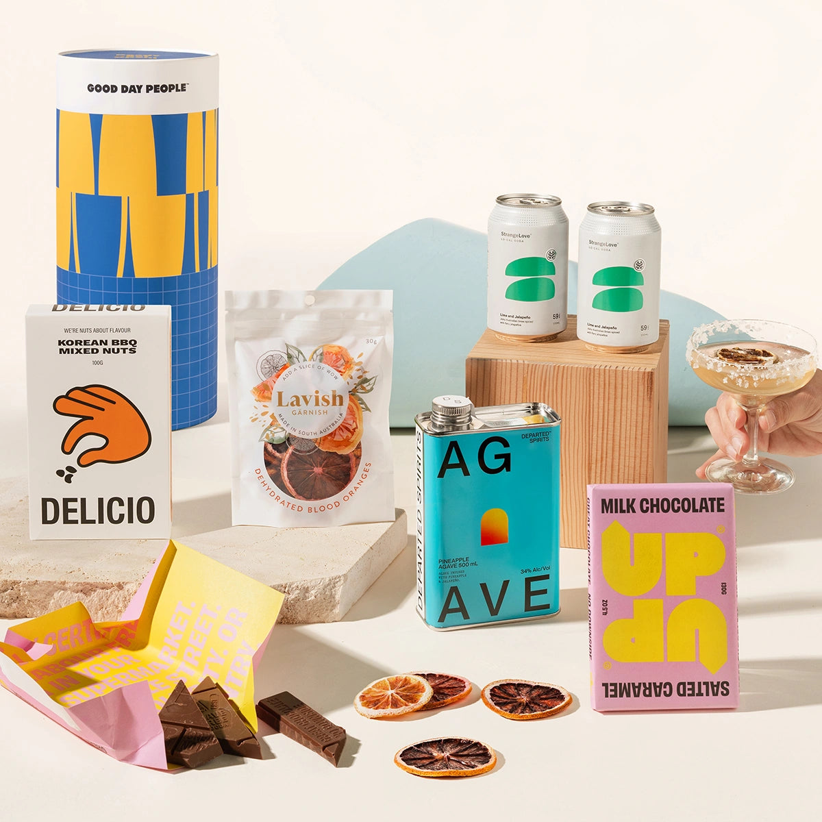 Margarita-themed gift hamper including Strangelove lime & jalapeno cans, Agave spirit, milk chocoloate and blood orange garnish.