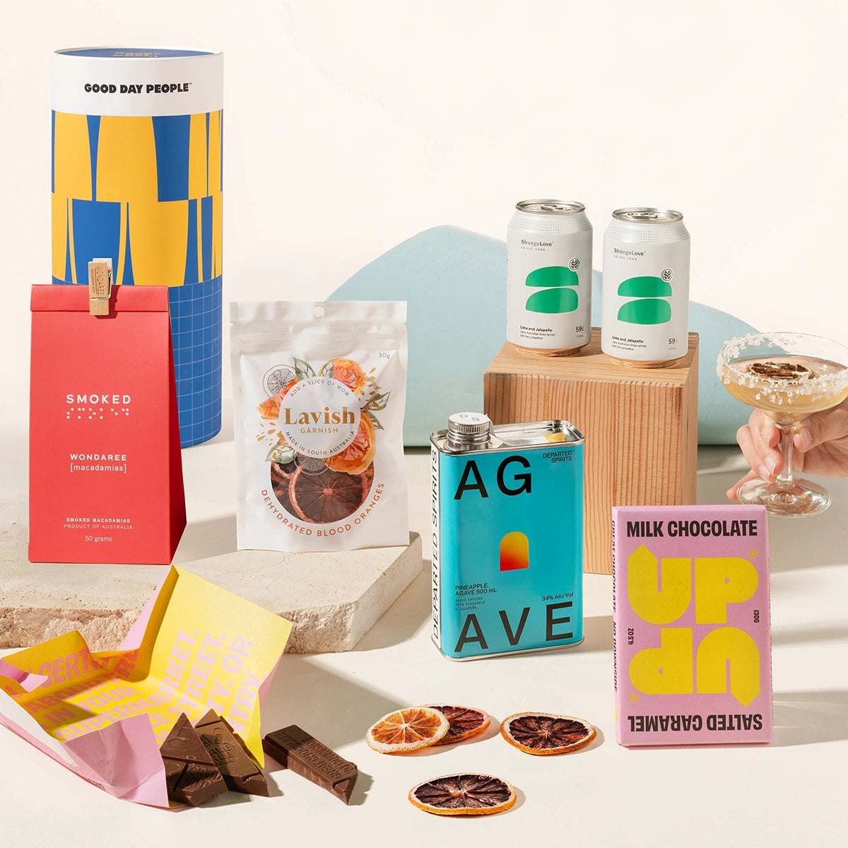 Margarita-themed gift hamper including Strangelove lime & jalapeno cans, Agave spirit, milk chocoloate and blood orange garnish.