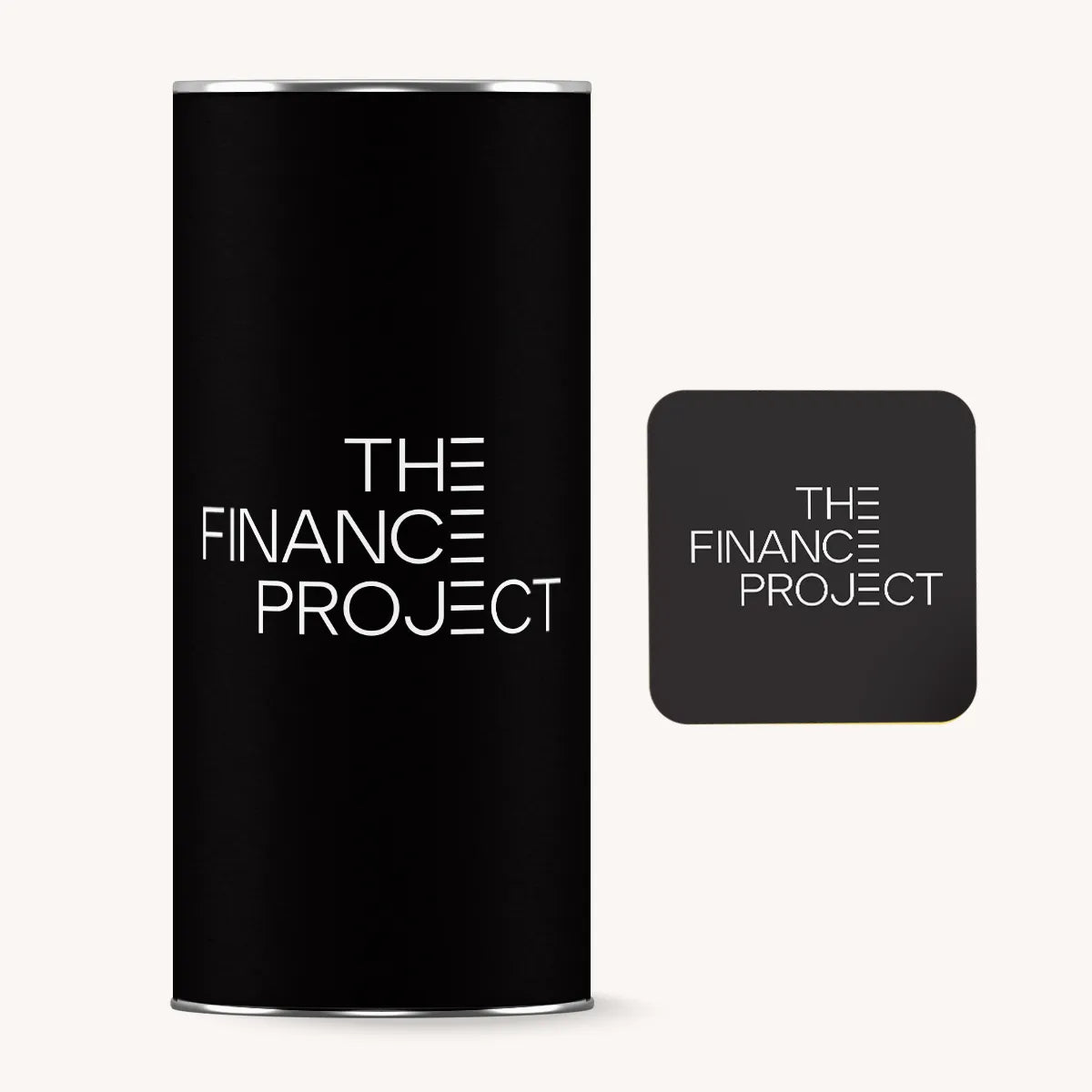 Black cylindrical container with 'The Finance Project' text on a white background