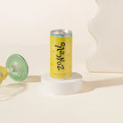 Yellow can of Zoncello lemoncello spritz on a white surface with a light background