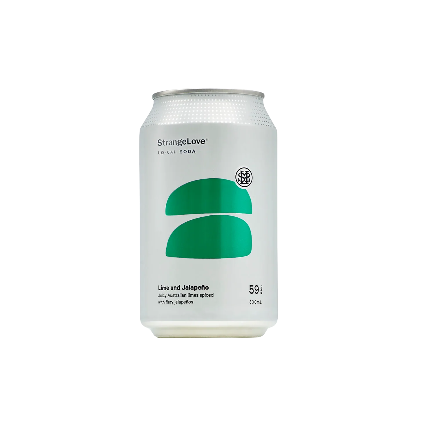 Strangelove soda can with green logo on a white background